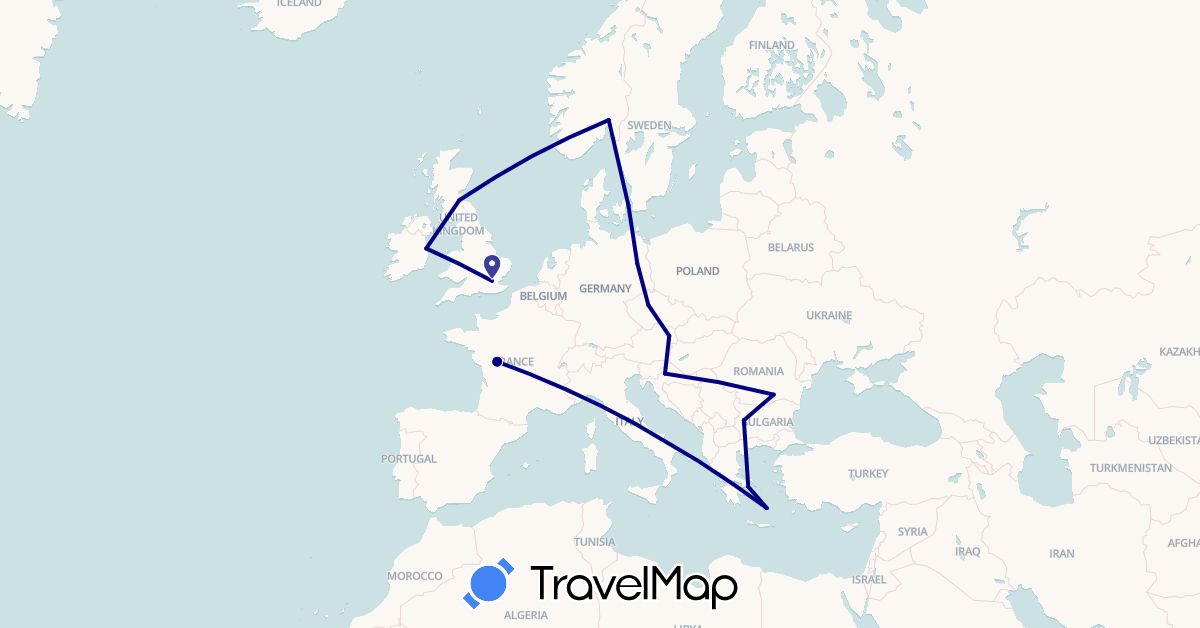 TravelMap itinerary: driving in Austria, Bulgaria, Czech Republic, Germany, Denmark, France, United Kingdom, Greece, Croatia, Ireland, Norway, Romania (Europe)